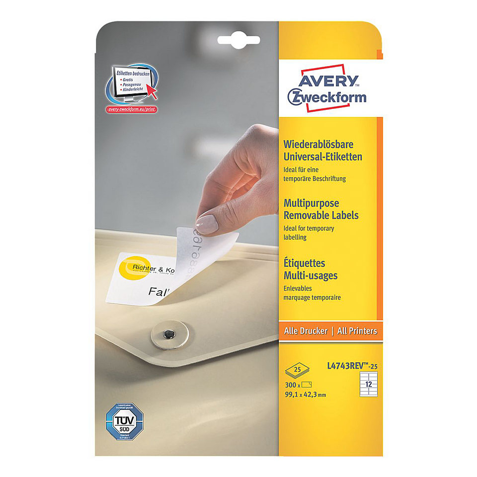 Avery L4743REV-25 utskriftsbara etiketter Vit Självhäftande skrivaretikett