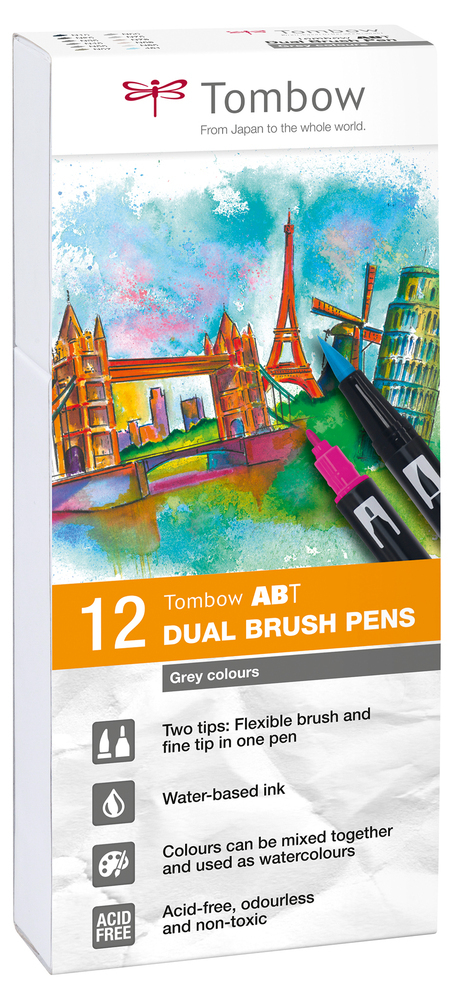 Tombow ABT Dual Brush Pen Set stiftpennor Grå 12 styck