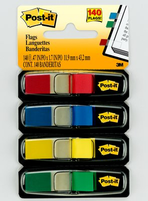 Post-It Flags, Primary Colors, 1/2 in Wide, 35/Dispenser, 4 Dispensers/Pack självhäftande flaggor 35 ark
